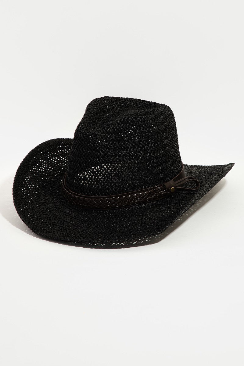 Featuring a cowboy style hat with a braided belt detail in the color black 