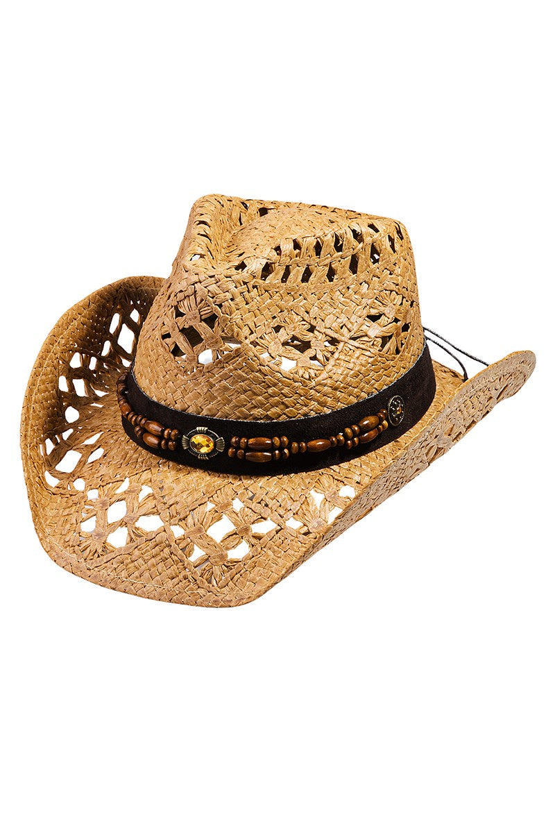 Featuring a a woven cowboy style hat with a beaded belt detail in the color tan 