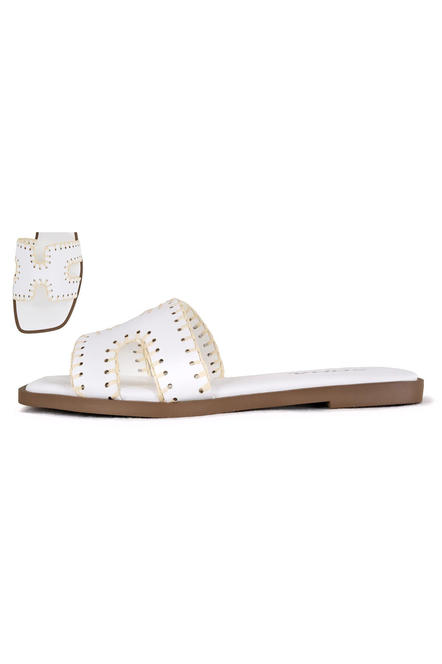 Featuring an open toe sandal with stitching details on the sides in the color white 