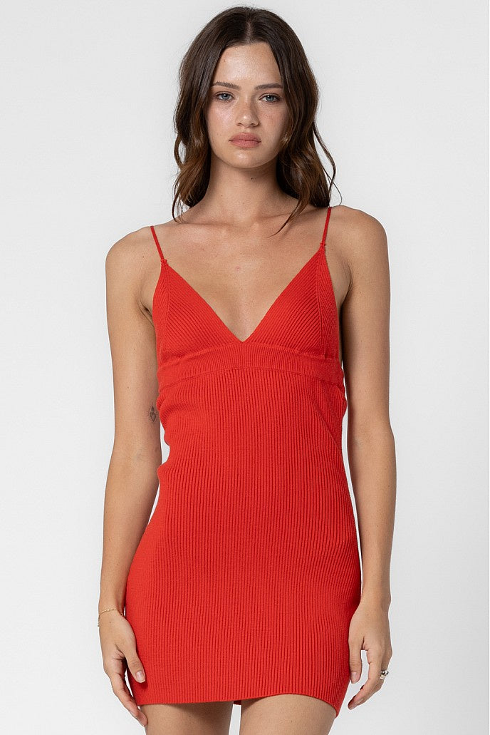 Featuring a ribbed V-neck bodycon mini dress in the color scarlet 