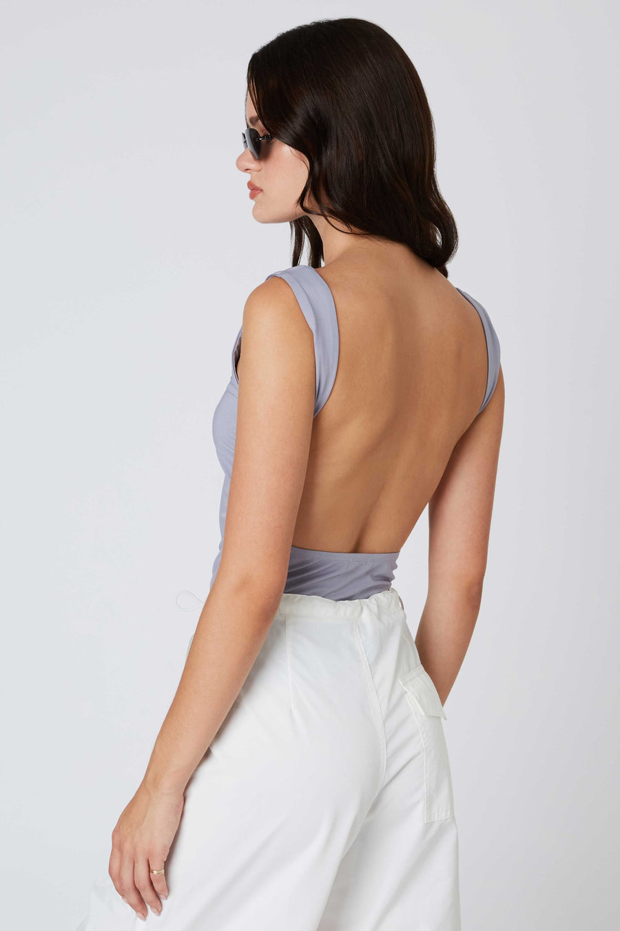 Square neck tank with open back.