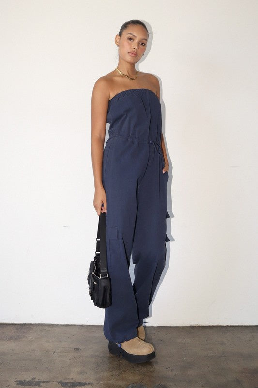 tube top jumpsuit with cinched waist. 100% cotton 