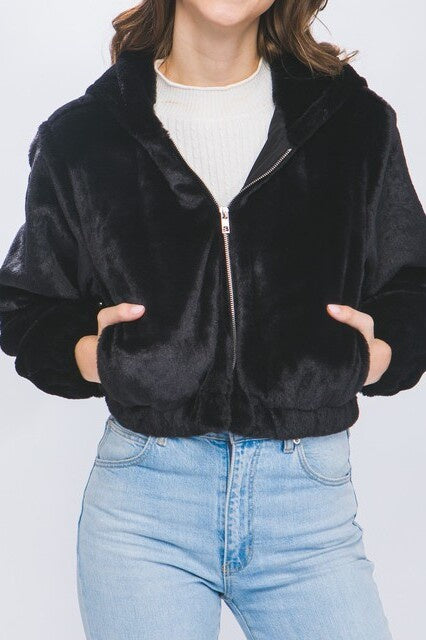 Black faux fur cropped hooded jacket. 