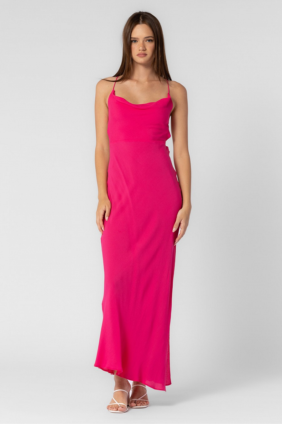 Maxi dress in the color pink with an open low back.