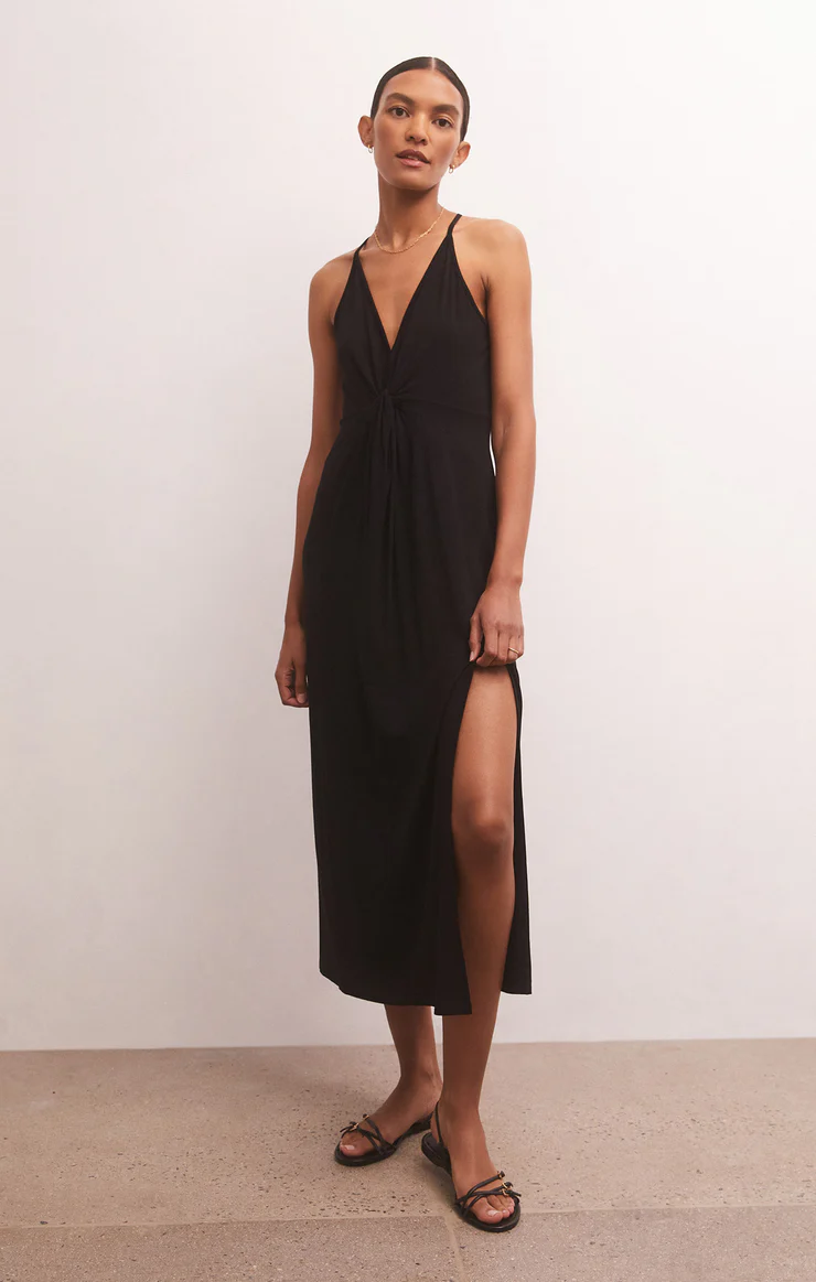Black midi dress with side slit. 