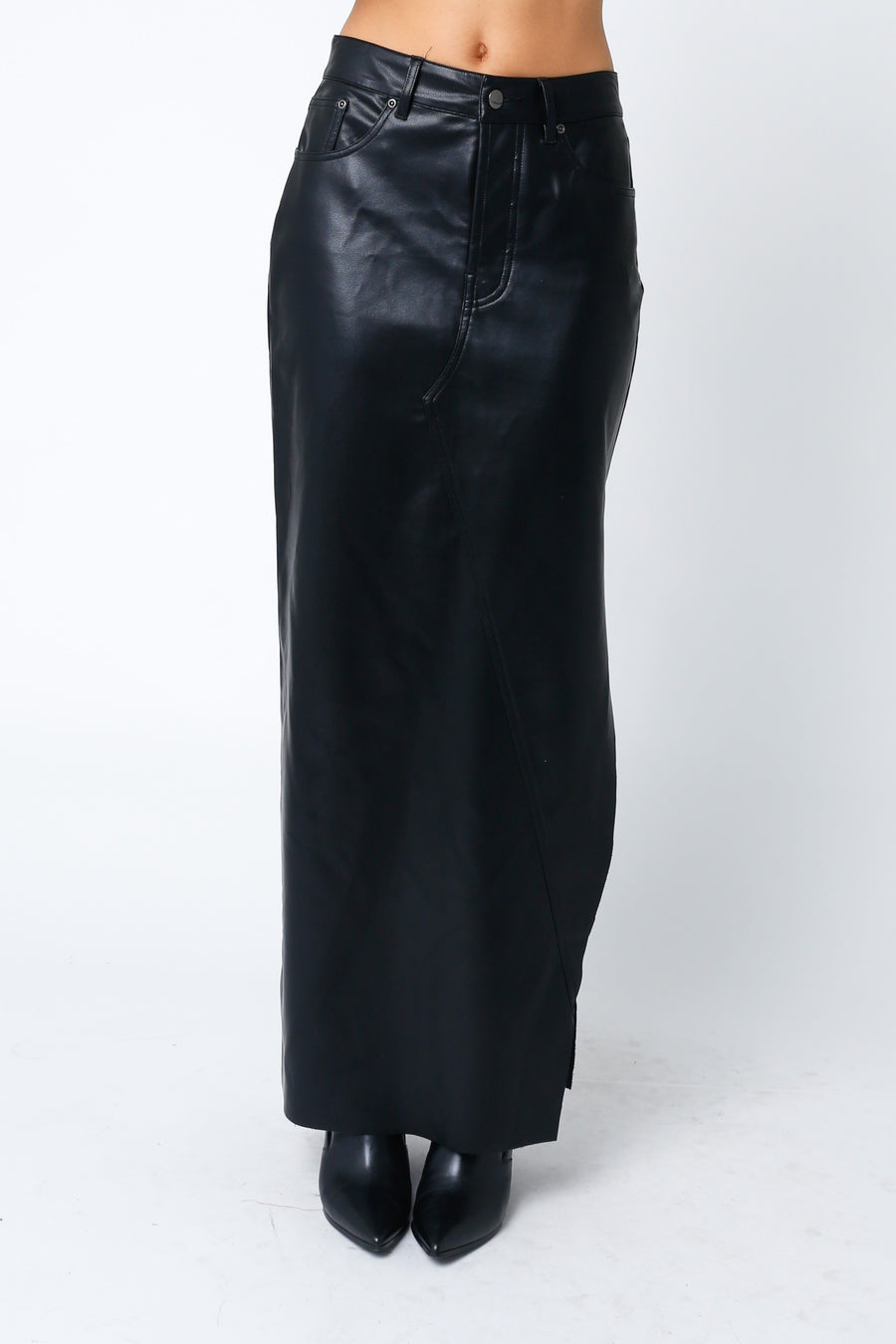 Black leather maxi skirt with side slit. 