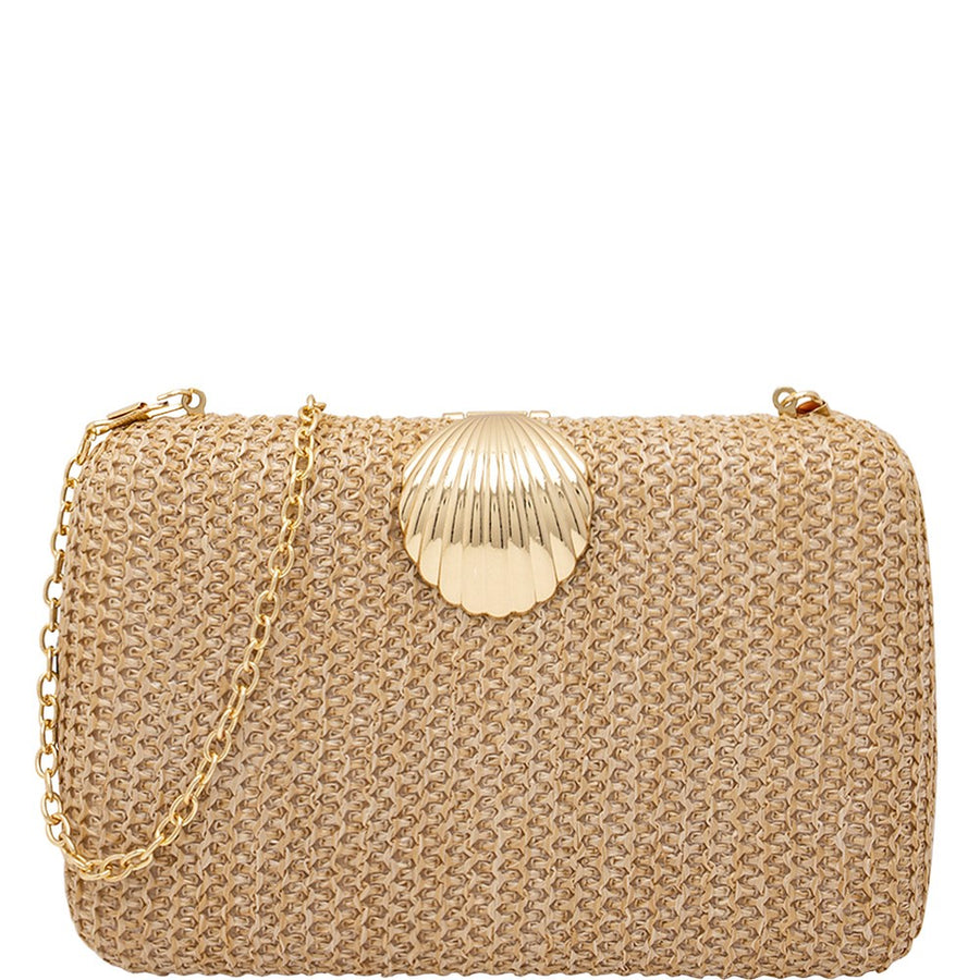 Featuring a small clutch with a golden sea shell clasp, comes with a detachable chain strap in the color khaki 