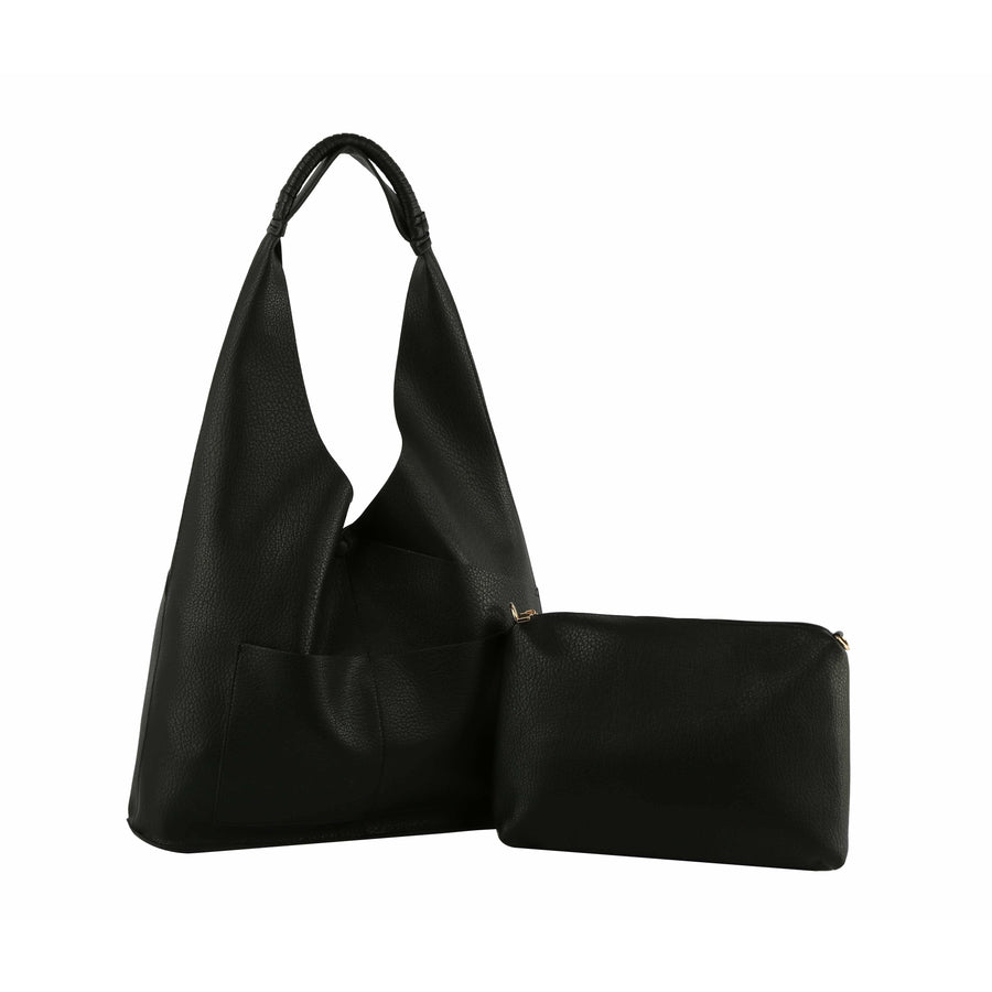 Featuring a shoulder bag with a small makeup bag inside in the color black