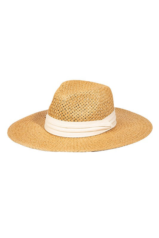 Featuring a wide brim hat with a thick cloth belt detail in the color tan 