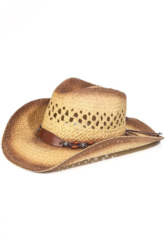Featuring a woven tan hat with belt detail