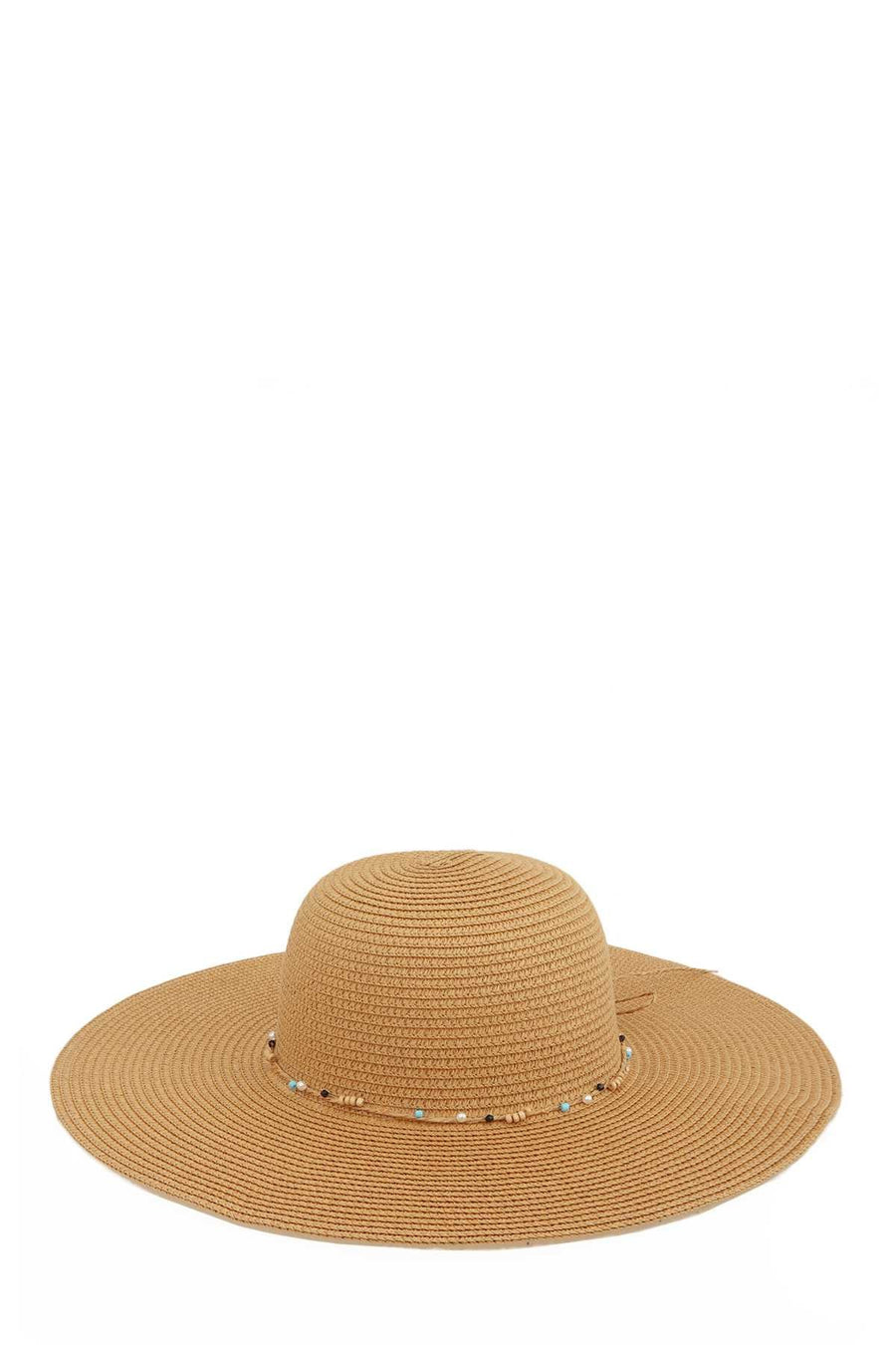 Featuring a wide brim sun hat with a beaded strap detail in the color tan