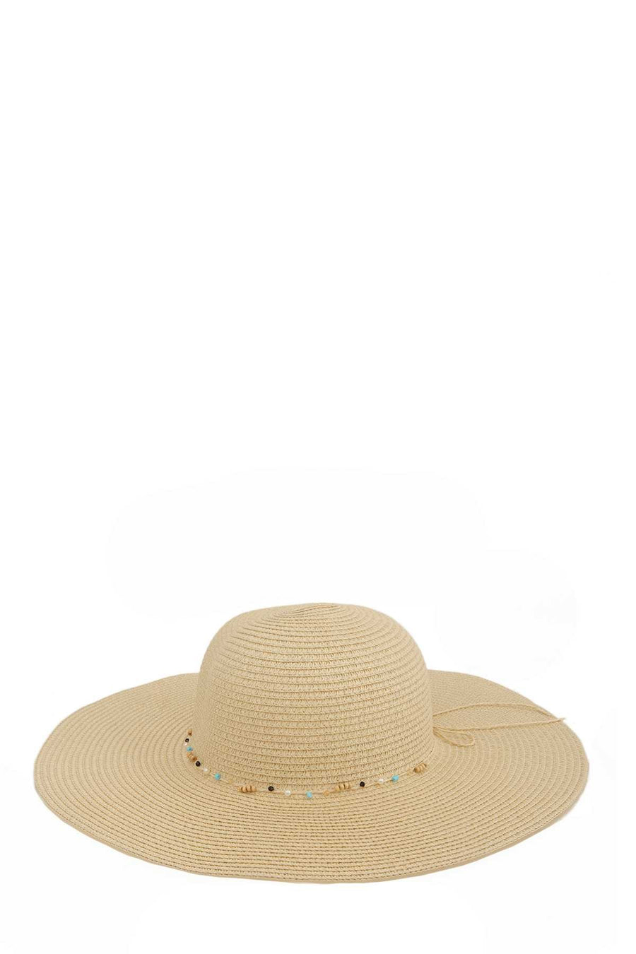 Featuring a wide brim sun hat with a beaded strap detail in the color natural 