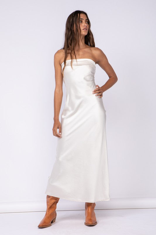 Strapless satin dress with an open back.