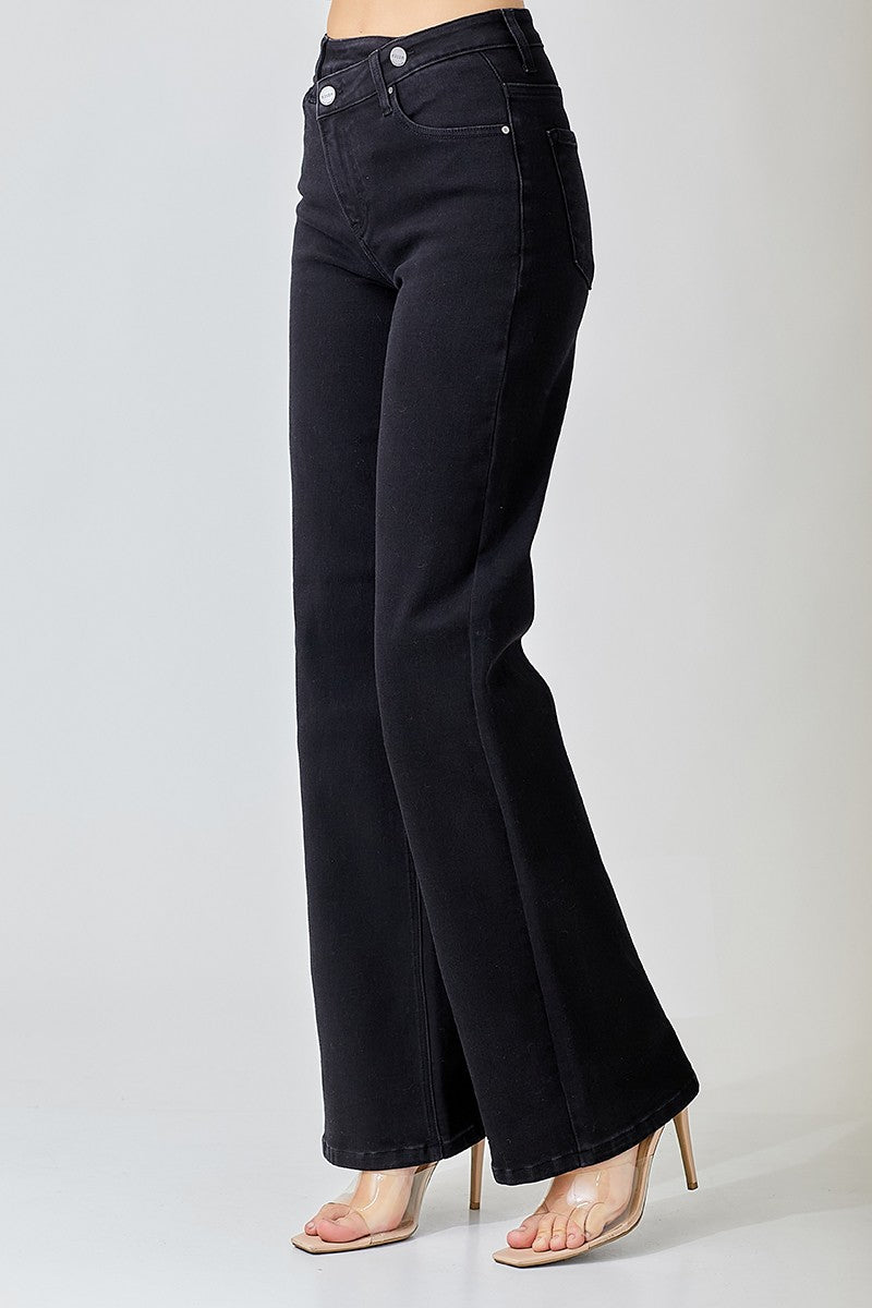 High rise wide leg jeans with a crossover waist detail.