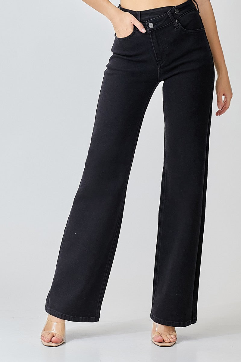 High rise wide leg jeans with a crossover waist detail.
