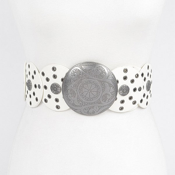 Featuring a round multi eyelet belt in the color white 