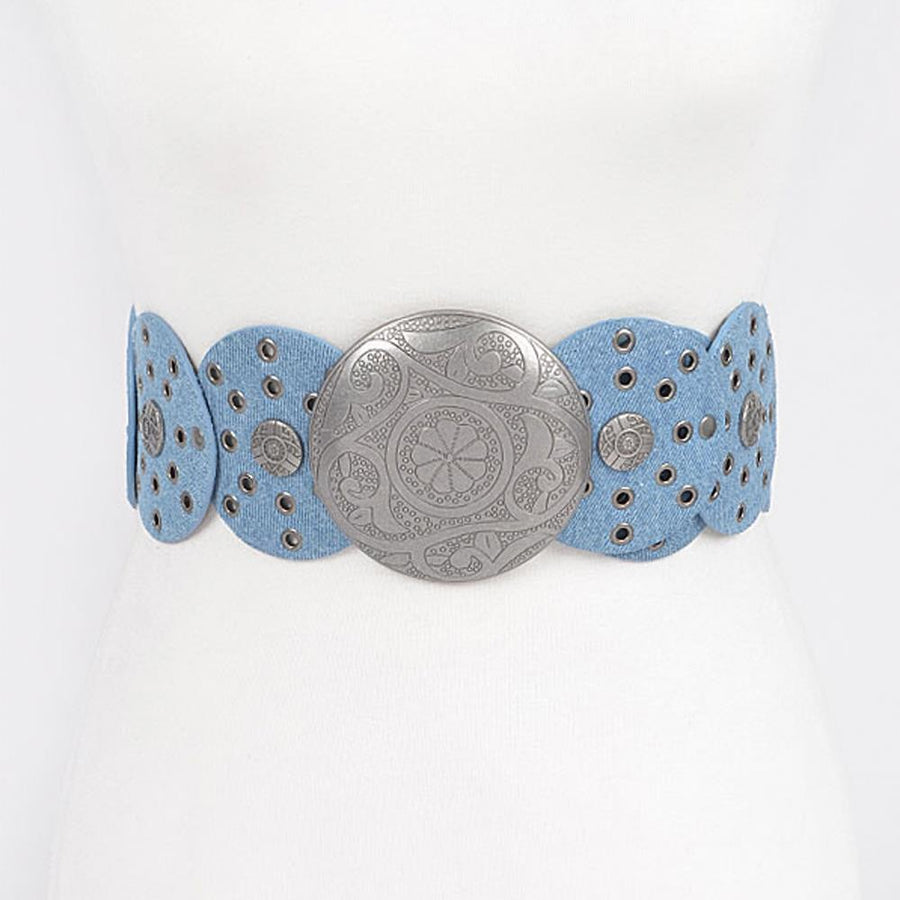 Featuring a multi eyelet denim belt in the color light blue