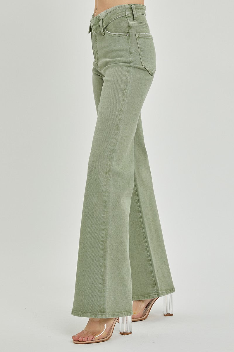 Mid rise pants with folded over waist detail and wide legs.