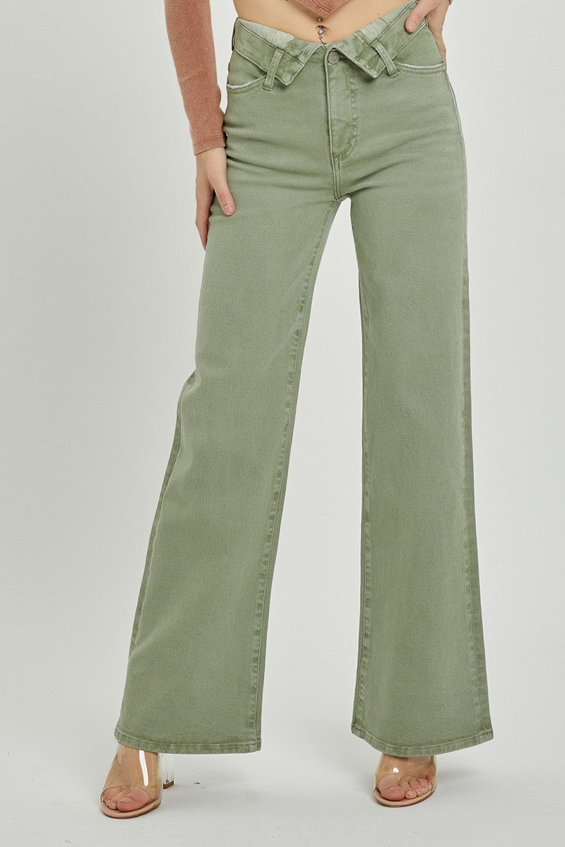 Mid rise pants with folded over waist detail and wide legs.