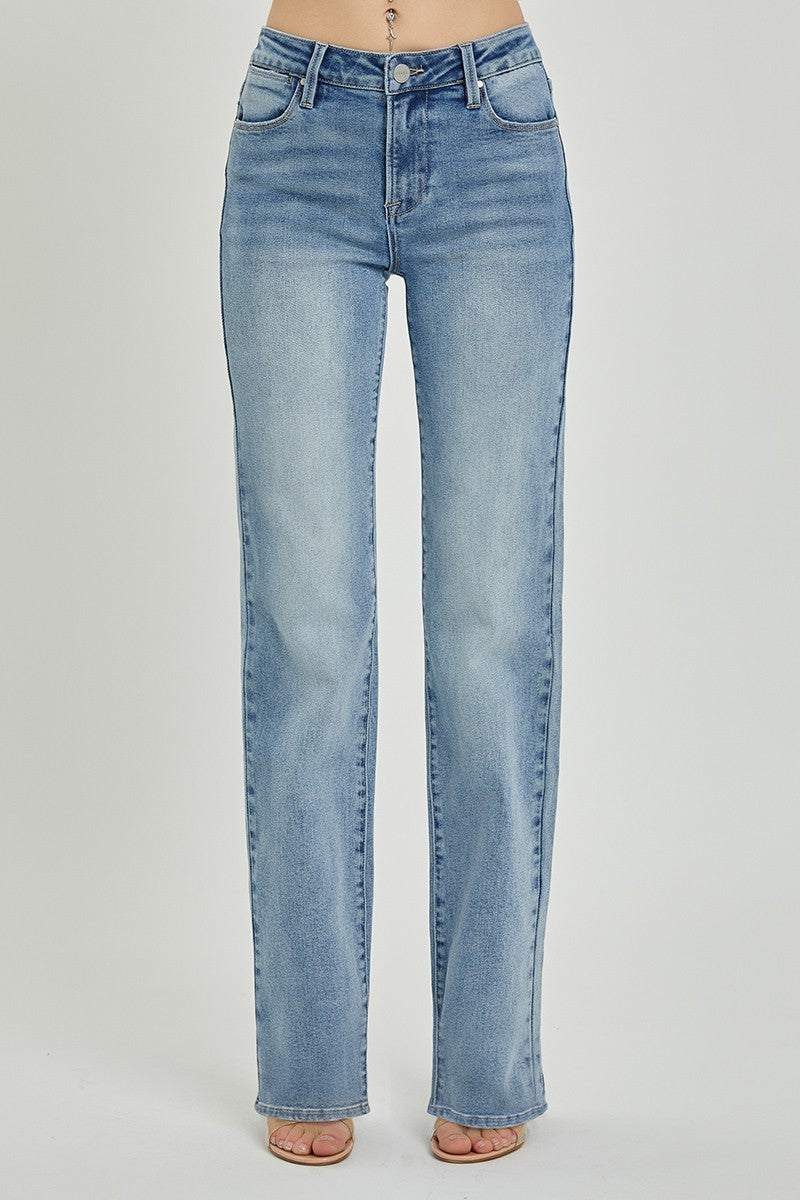Mid rise denim jeans with a straight leg.