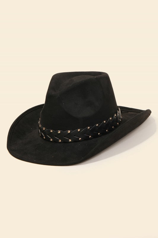 Black faux leather hat with braided strap. 