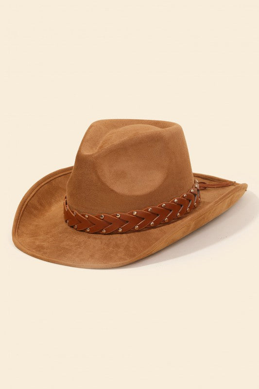 Brown faux leather hat with braided strap. 