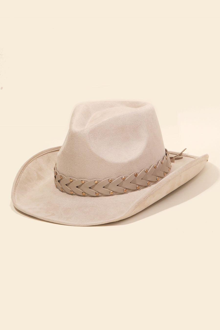 Beige faux leather hat with braided strap. 