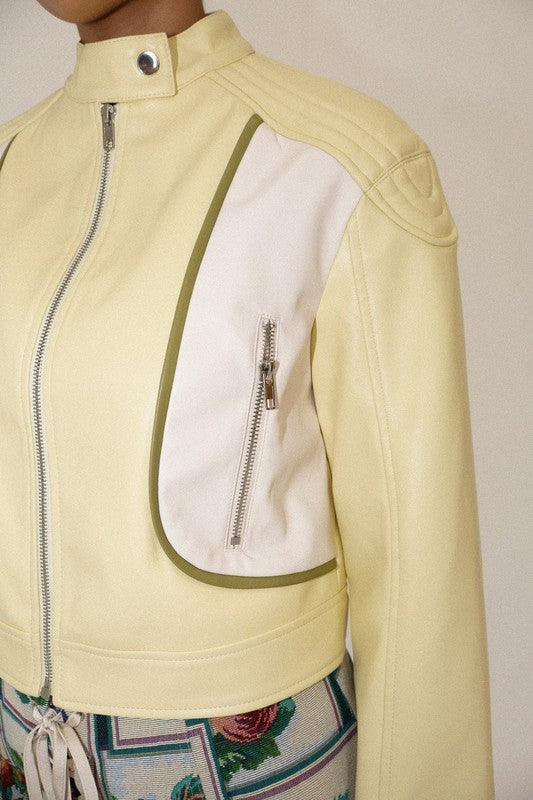 Moto jacket with padded shoulder detail and contrast detail.