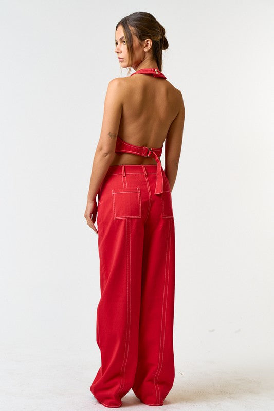 red, wide leg pants with white contrast stitching.