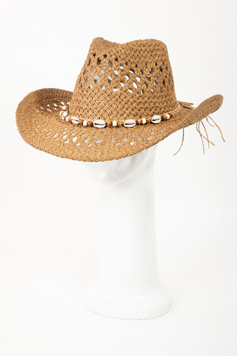 Featuring a woven hat with a shell lined belt detail in the color tan 