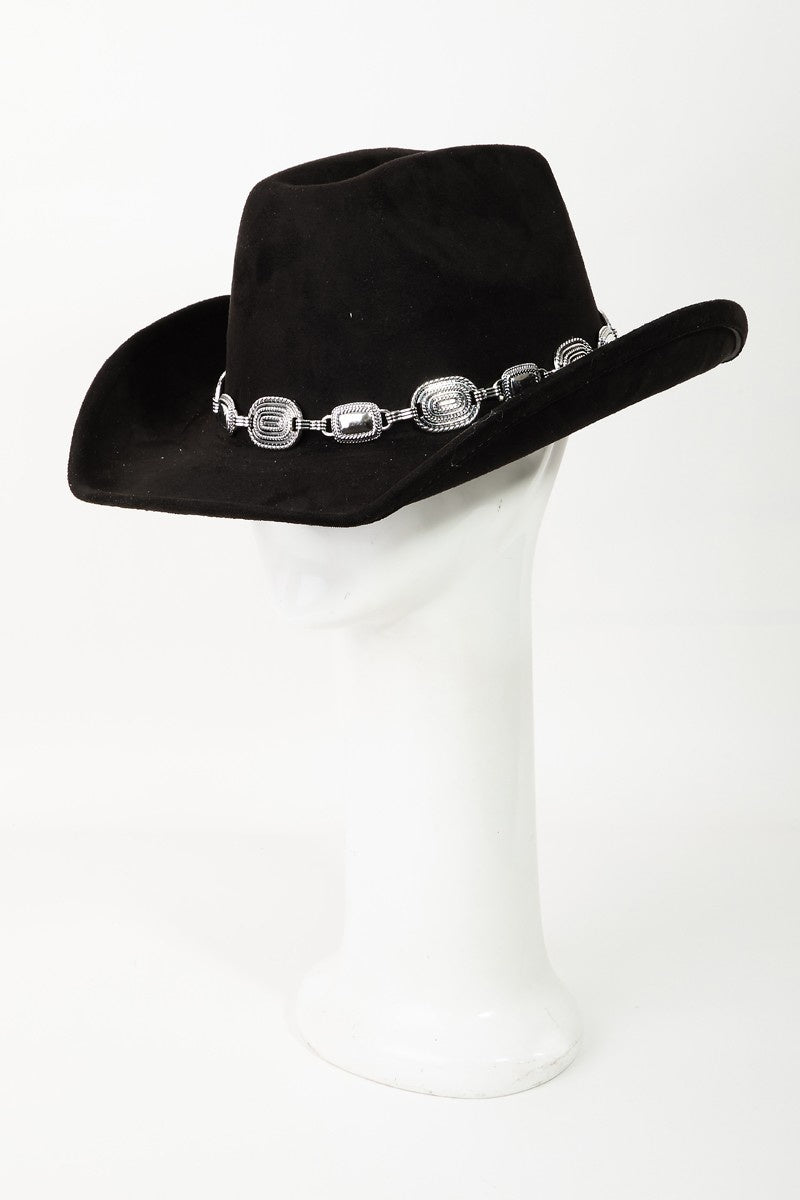 Featuring a curled brim hat with a sliver belt detail in the color black 