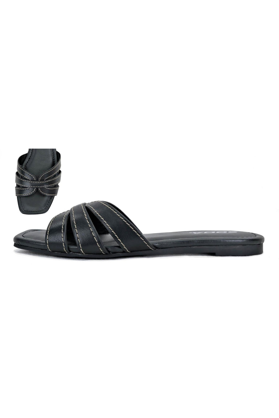 Featuring a flat open toe, strappy sandal in black.