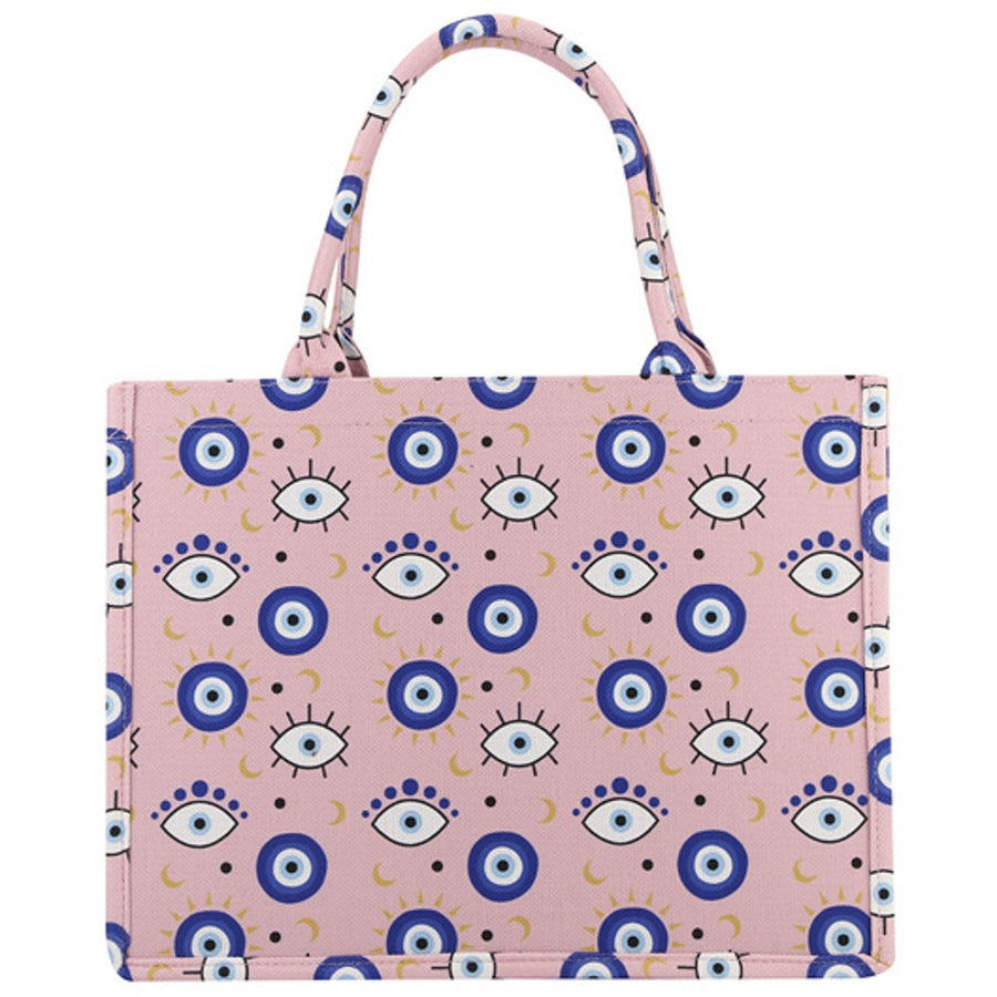 Featuring an Evil eye print tote bag in the colors pink and blue