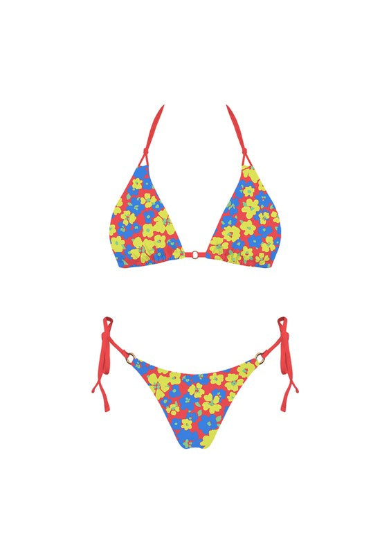 Featuring a floral bikini in the color red flower