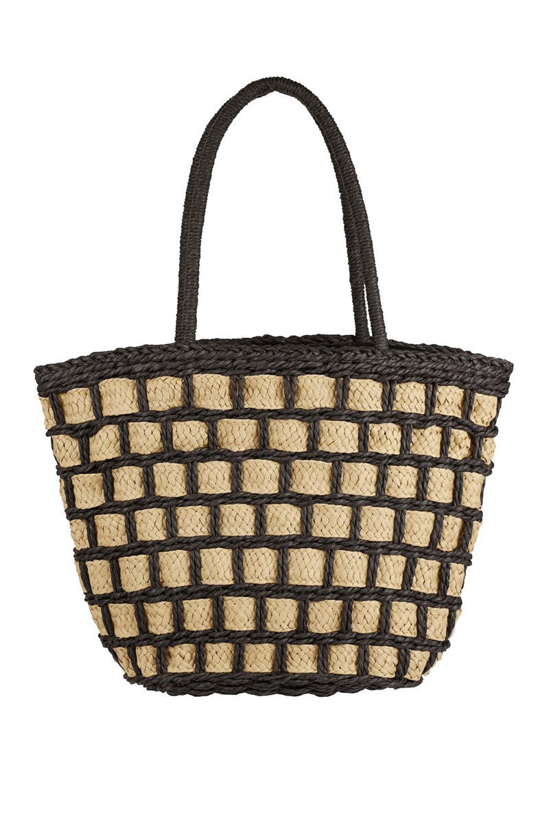 Featuring a Two-Tone woven shoulder bag in the colors black and taupe 