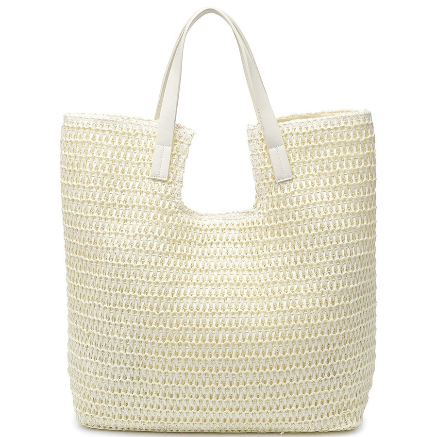 Featuring a woven straw tote bag with a square cut out in the color ivory 