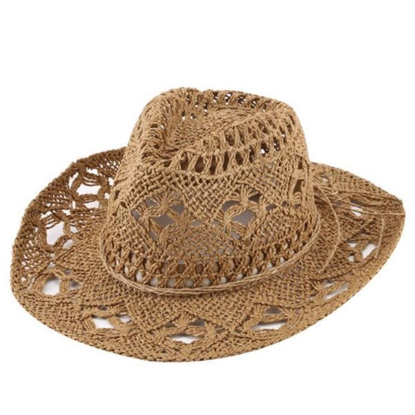 Featuring a woven straw cowboy style hat in the color khaki 