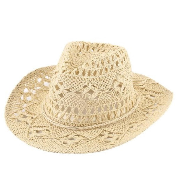 Featuring a woven straw cowboy style hat in the color beige 