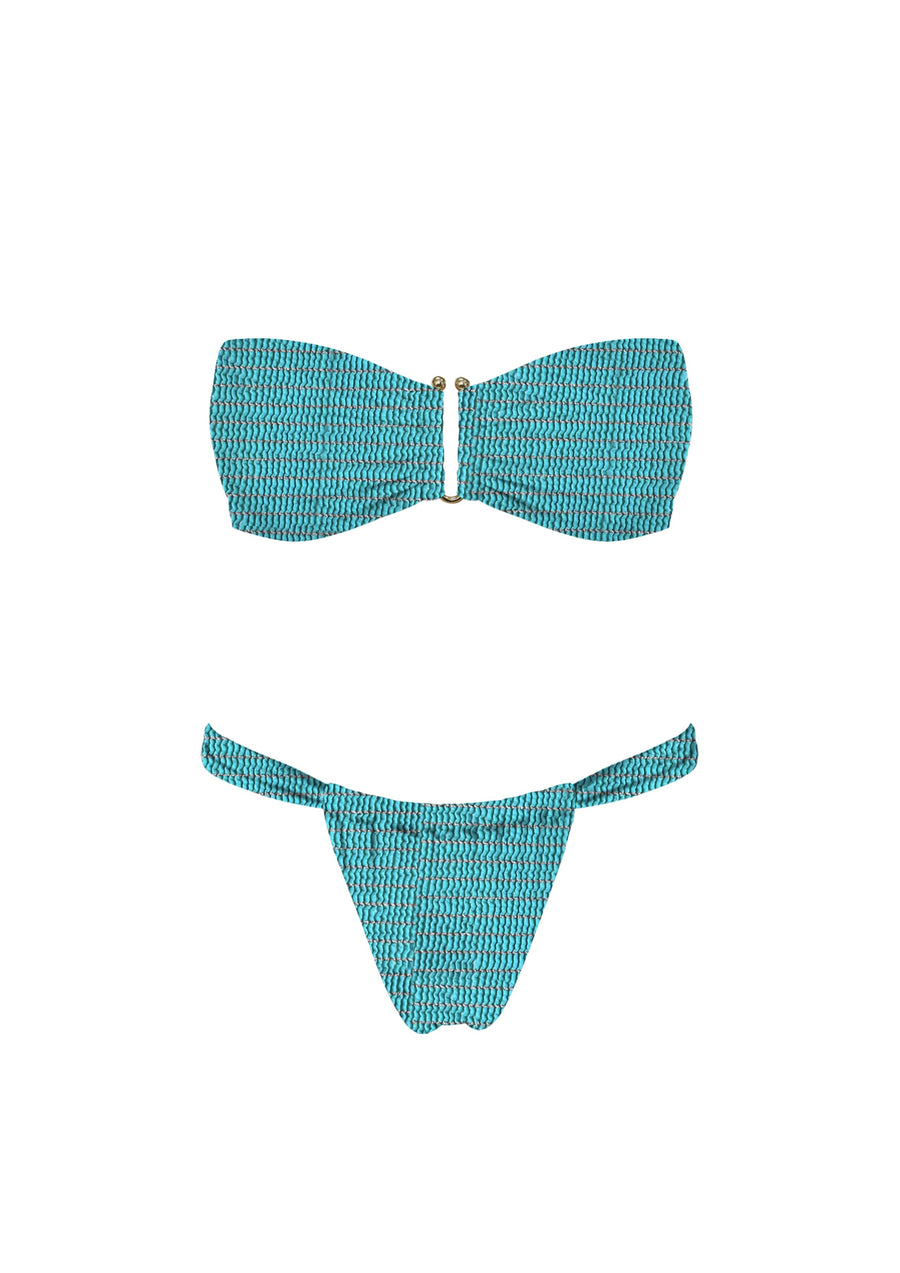 Featuring a strapless bikini with a tunnle design on the bottoms to adjust coverage in the color turqouise 