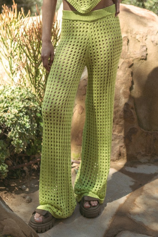 Pairs with the matching Limeade Top  Featuring a high waisted crochet pant in the color lime 