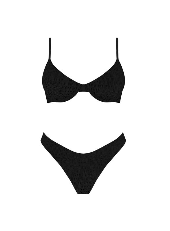 Featuring a textured under wire bikini in the color black 