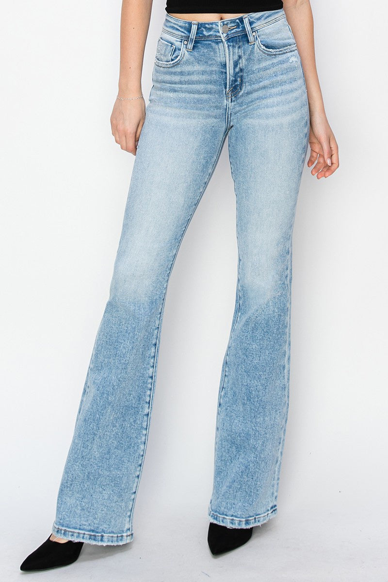 Featuring a light wash High rise boot cut jean 