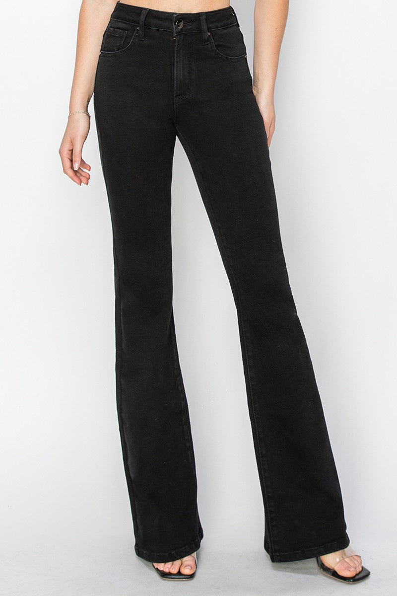 Featuring a high rise flare jean in the color solid black 