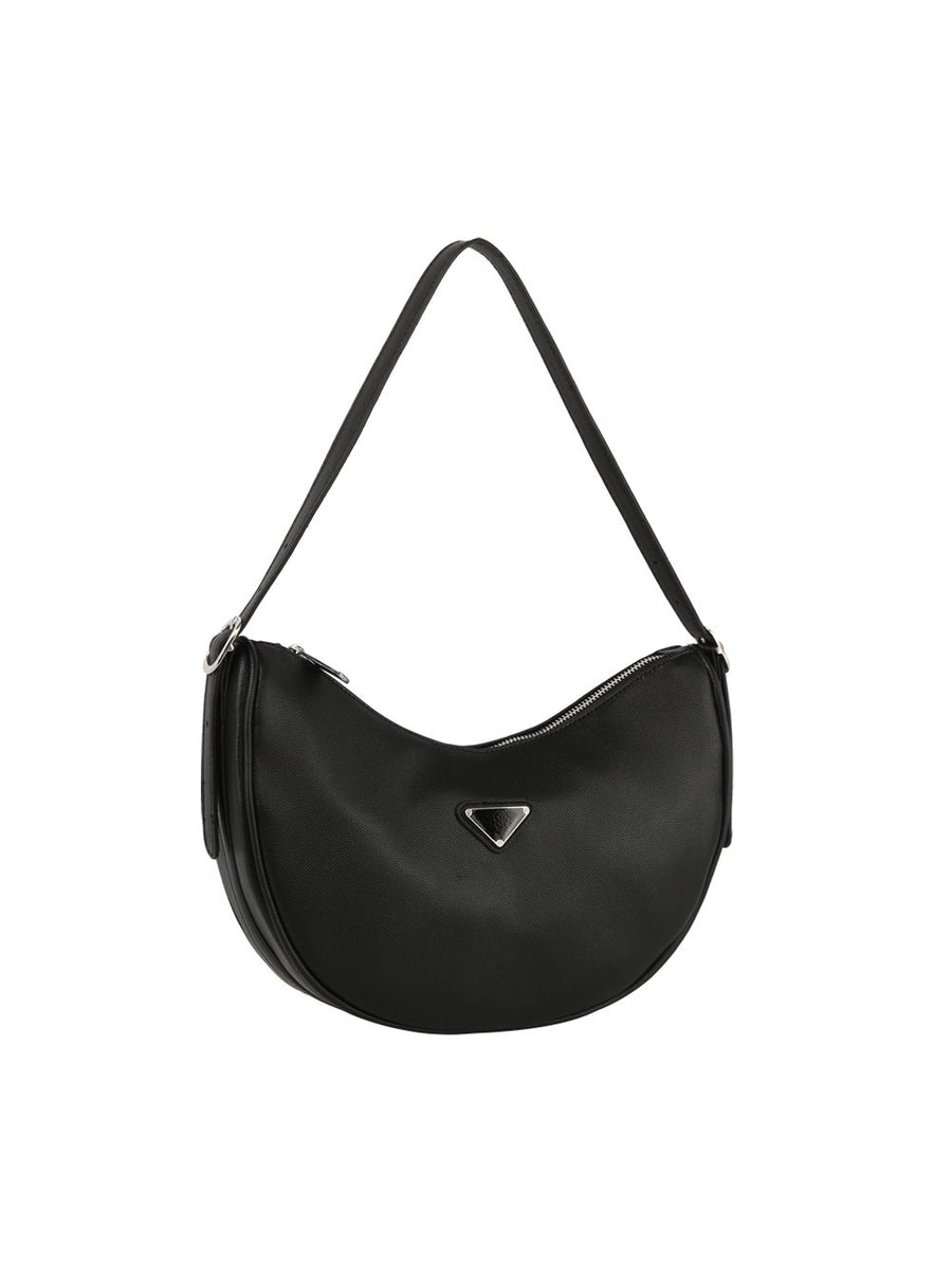 Featuring a medium sized zip closure shoulder bag in the color black 