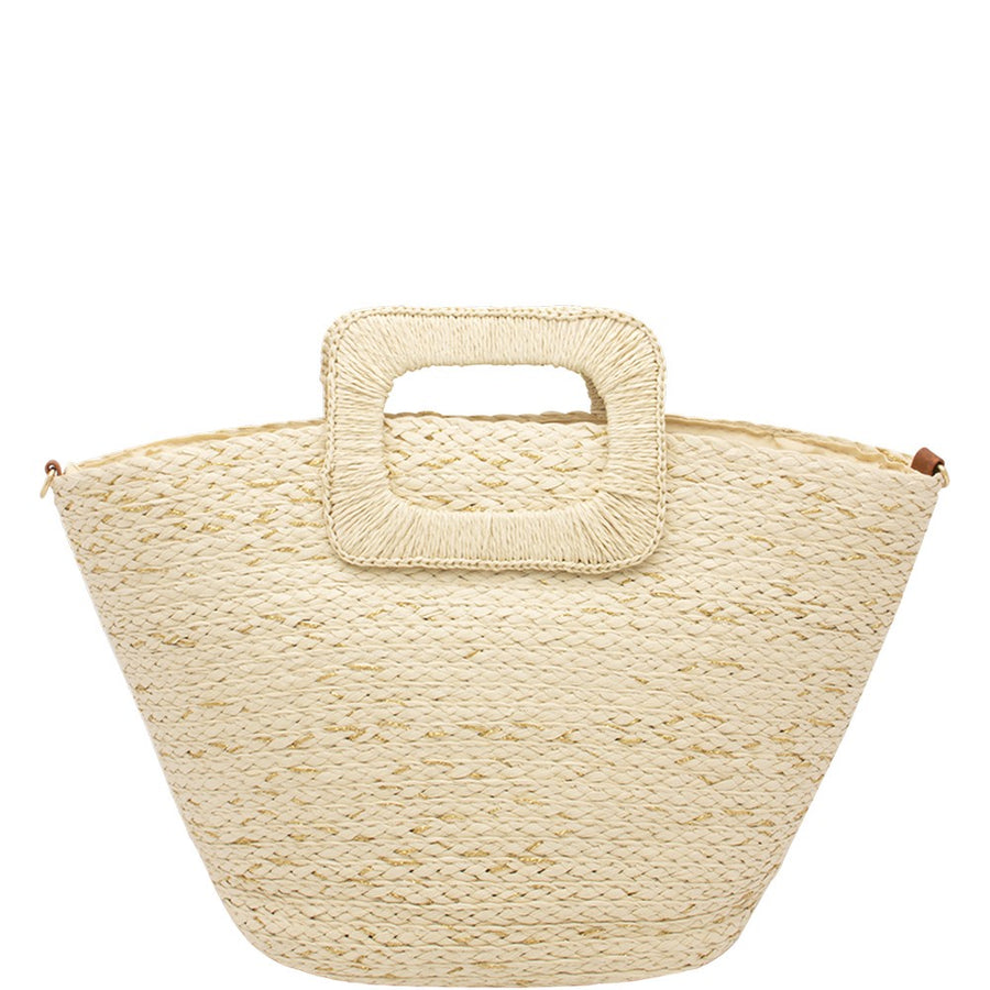 Featuring a woven straw bag in the color beige 