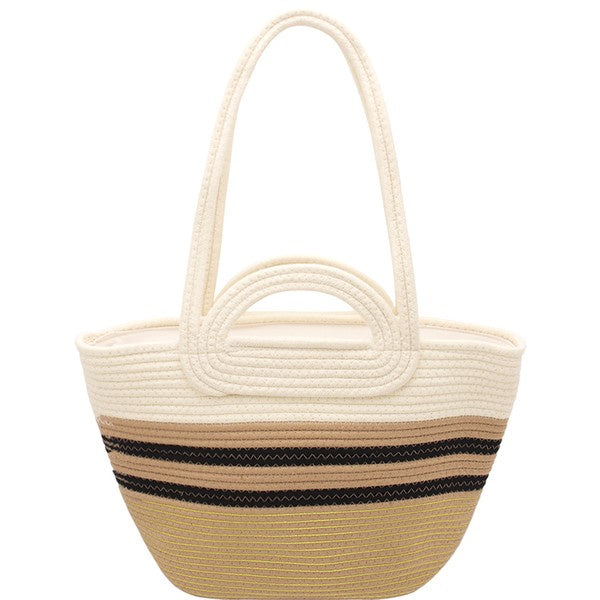 Featuring a two tone thick strap woven bag in the colors beige and black 