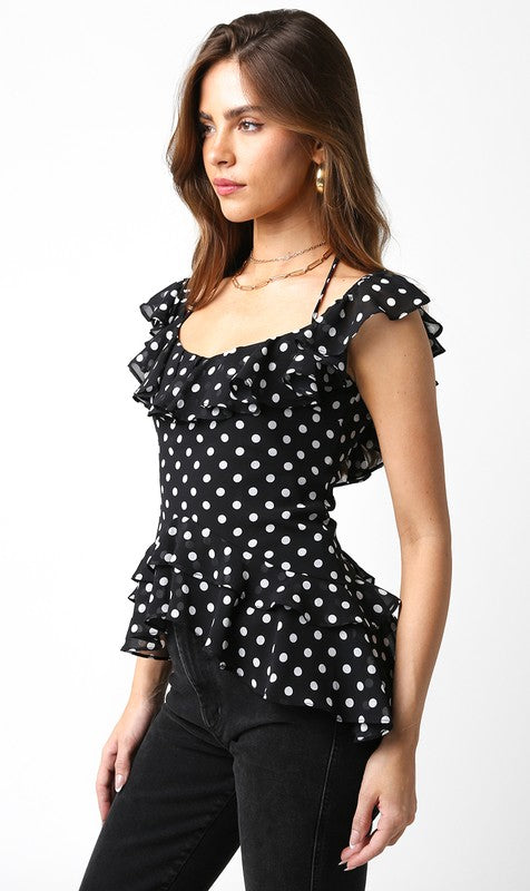 Polka Open Back Ruffle Top