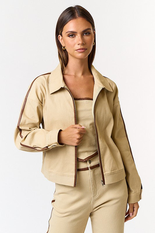 Featuring a contrast leather binding front zip collard jacket