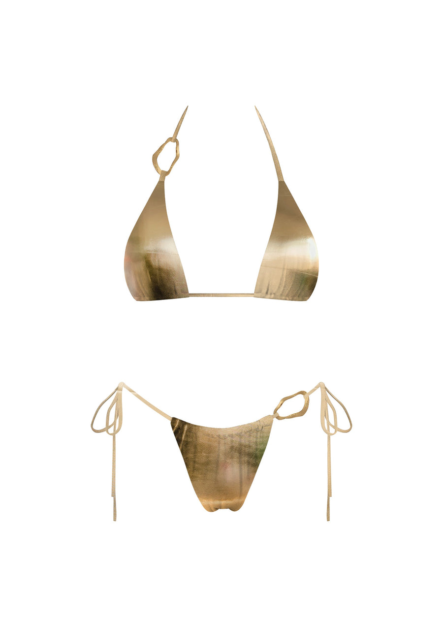 Featuring a sun set printed bikini with gold detailin gon the straps in the shade gold 