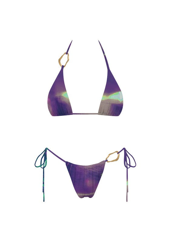 Featuring a metalic string triangle bikini 